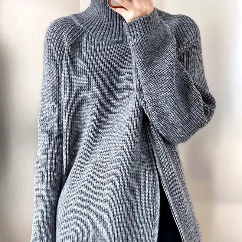 Women's Long Turtleneck Sweater with Zipper