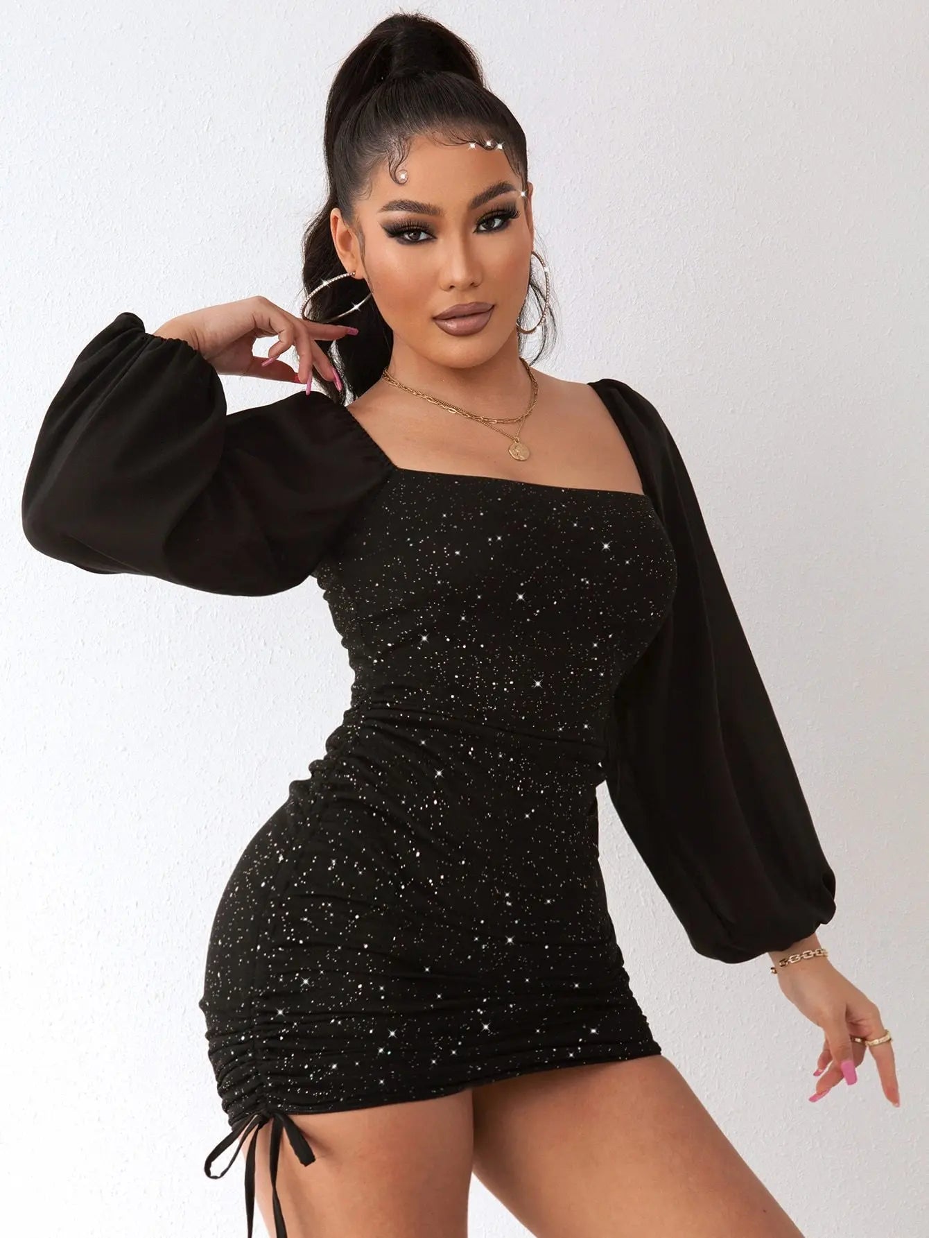 Fitted Dress for Women - Long Puff Sleeves
