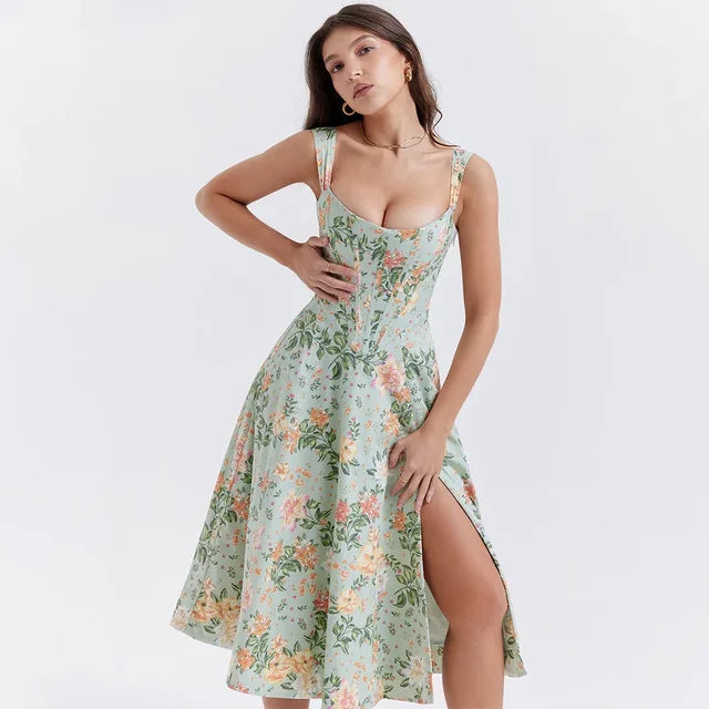 Women's Midi Dress – Fitted Flared Floral