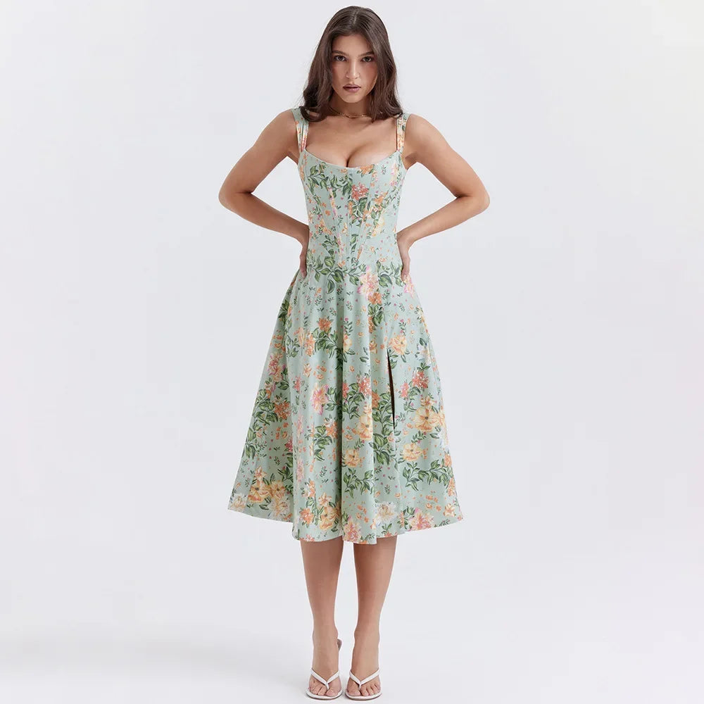 Women's Midi Dress – Fitted Flared Floral
