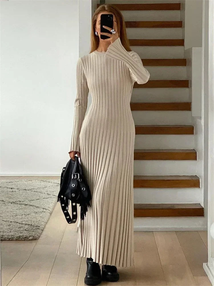 Long Dress Women - Ribbed Knit - Elegant Long Sleeves