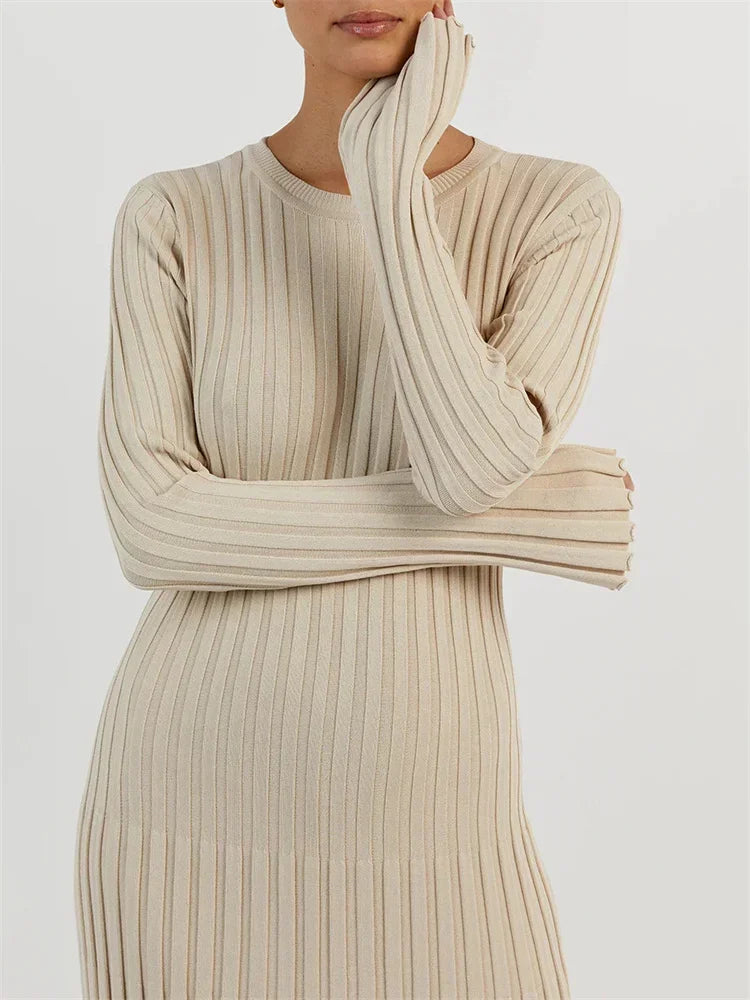 Long Dress Women - Ribbed Knit - Elegant Long Sleeves