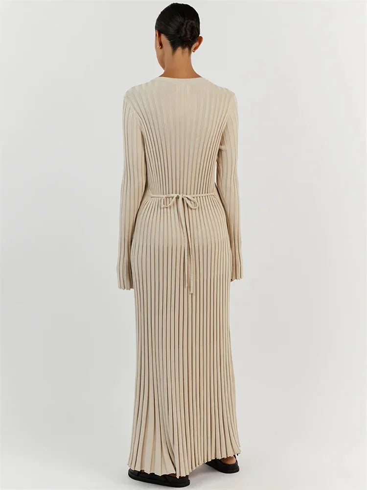 Long Dress Women - Ribbed Knit - Elegant Long Sleeves
