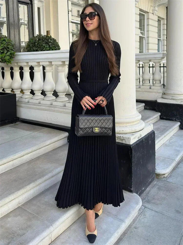 Long Dress Women - Ribbed Knit - Elegant Long Sleeves