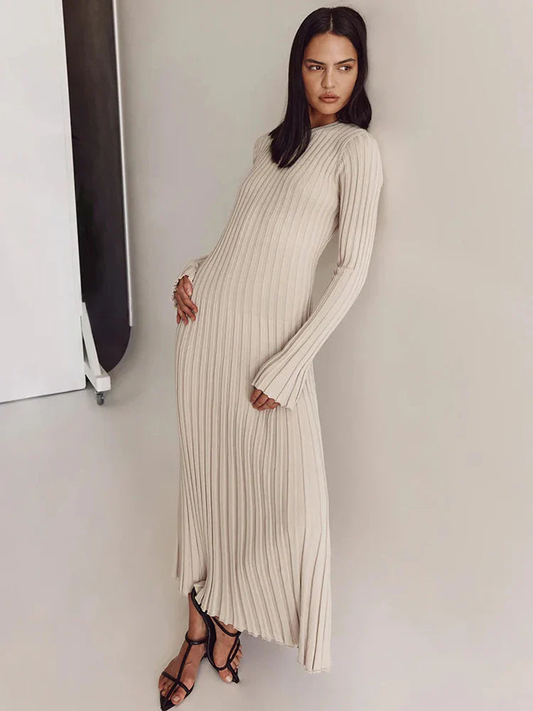 Long Dress Women - Ribbed Knit - Elegant Long Sleeves