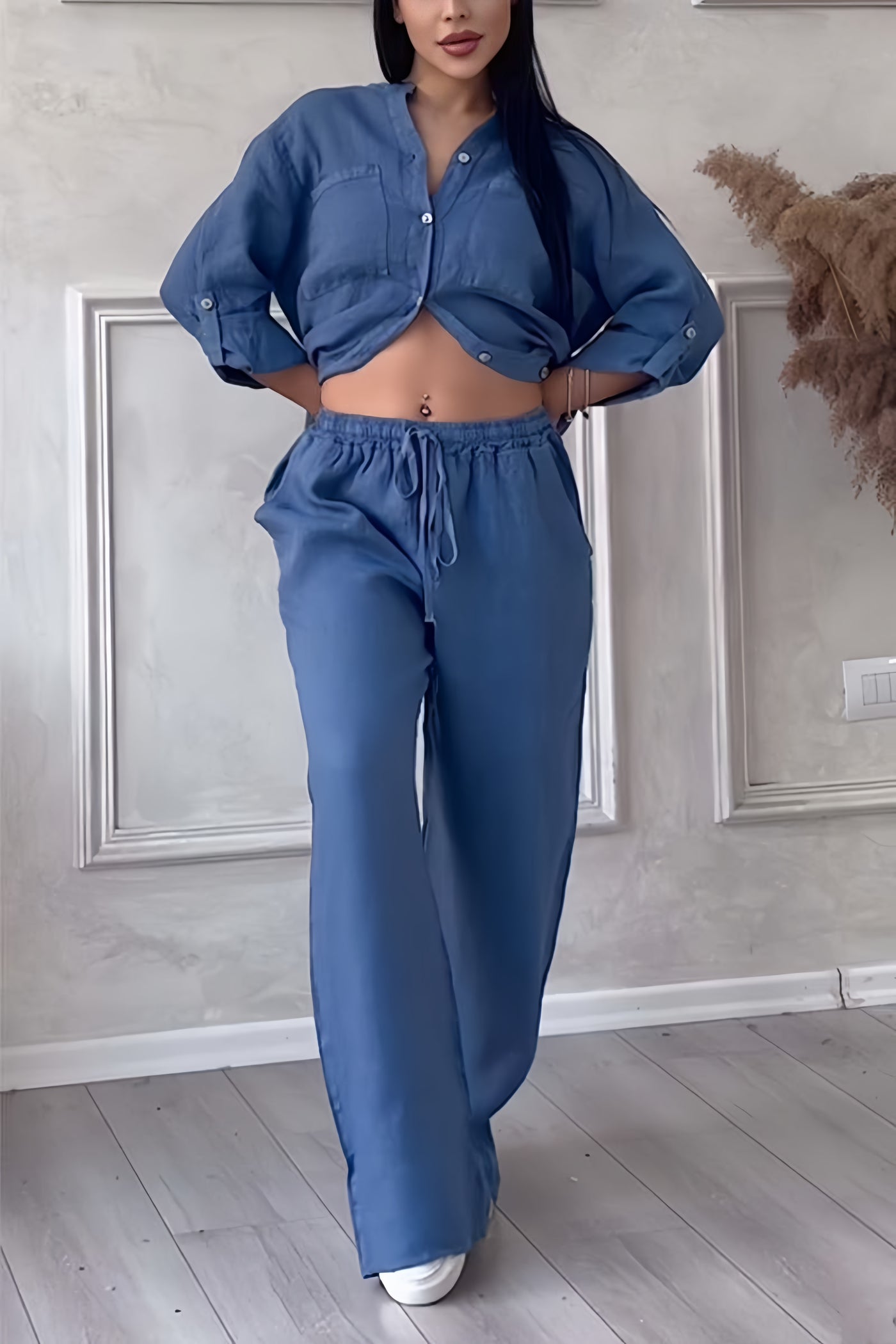 Women's Set - Button-Up Shirt with Mandarin Collar & Wide Pants