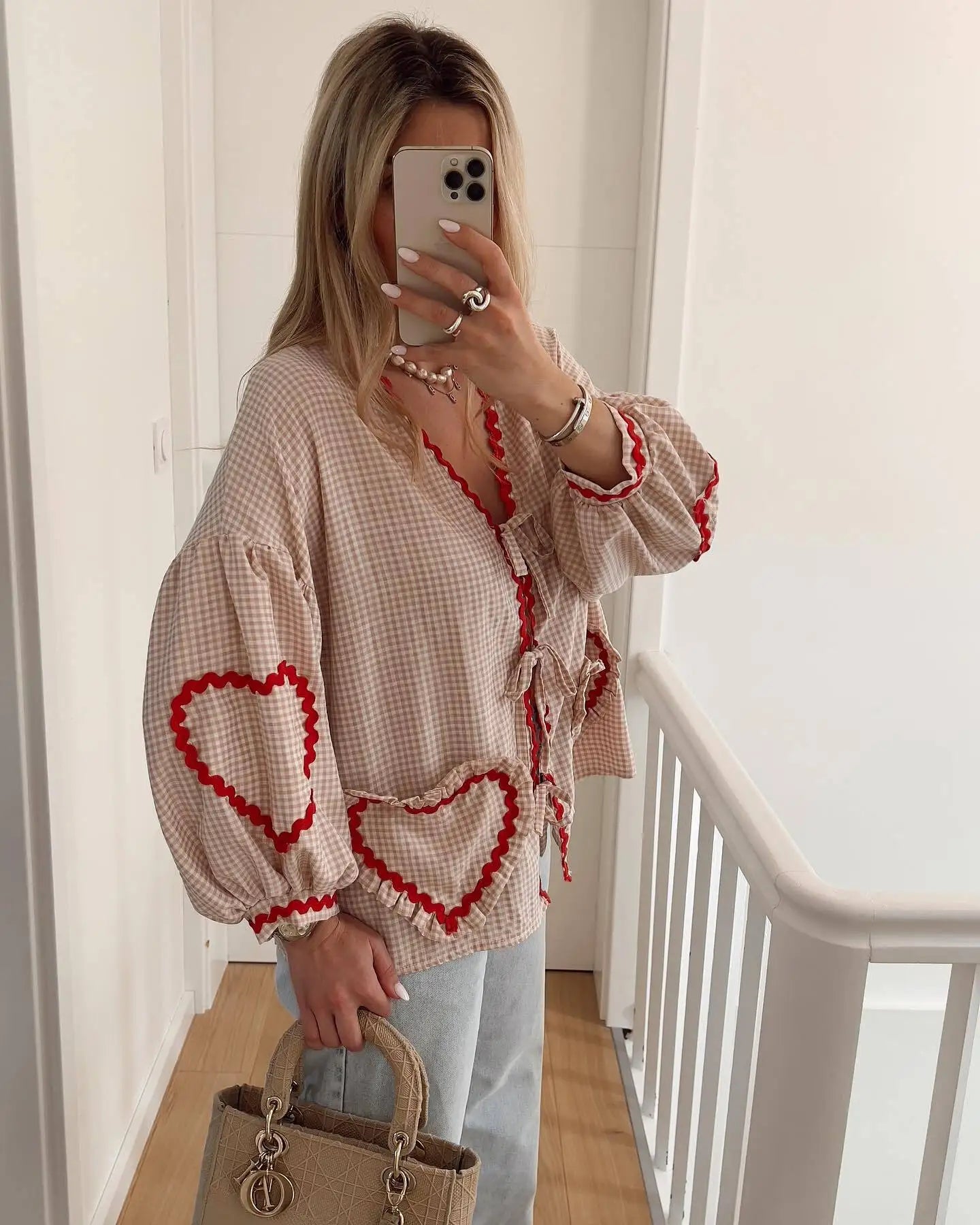 Women's Blouse - Long Sleeves Adjustable V-Neck