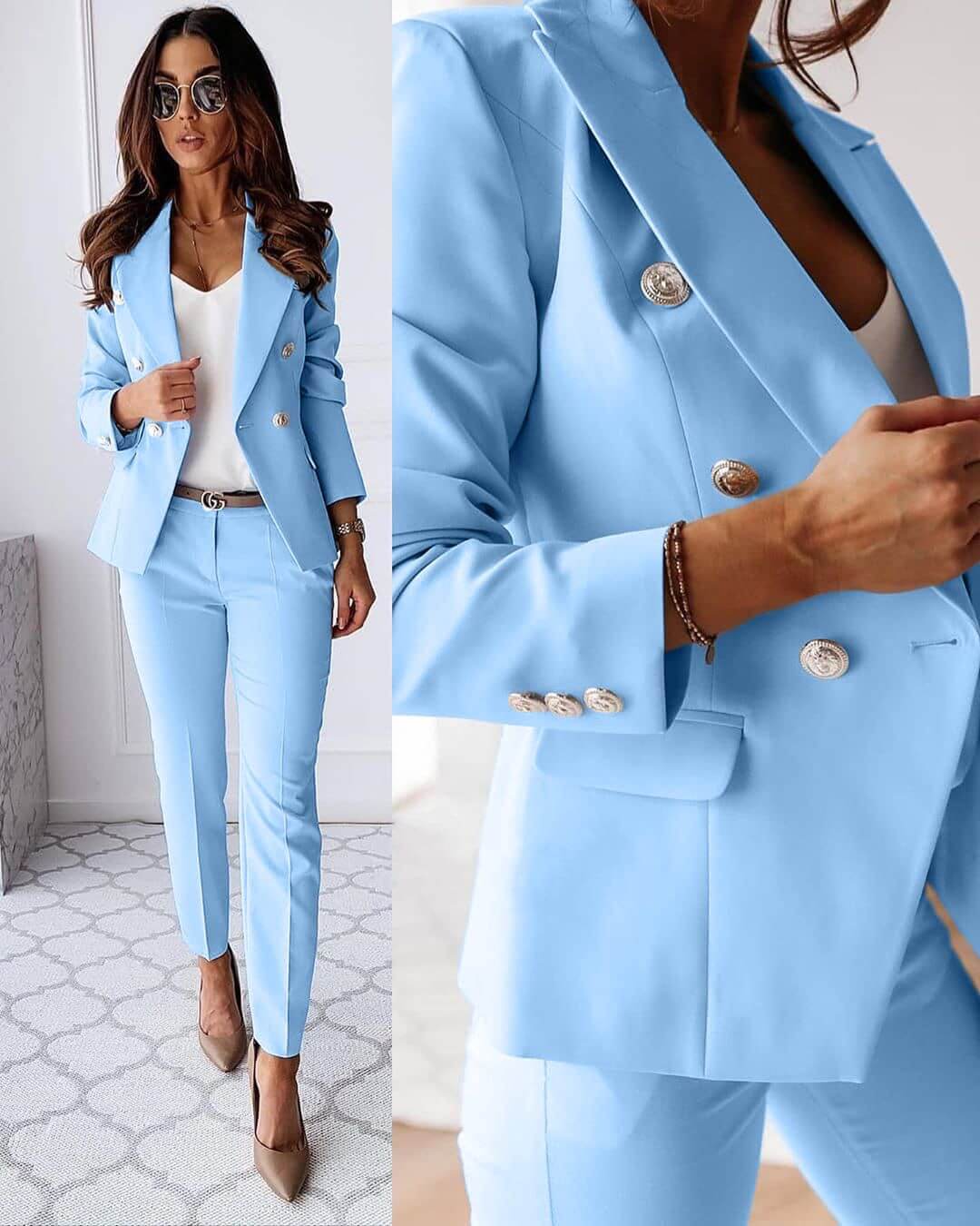 Tailleur Femme - Blazer Croisé Cintré & Pantalon Droit