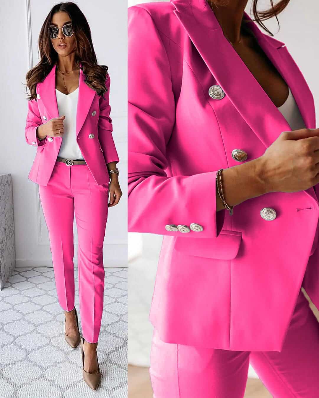 Tailleur Femme - Blazer Croisé Cintré & Pantalon Droit