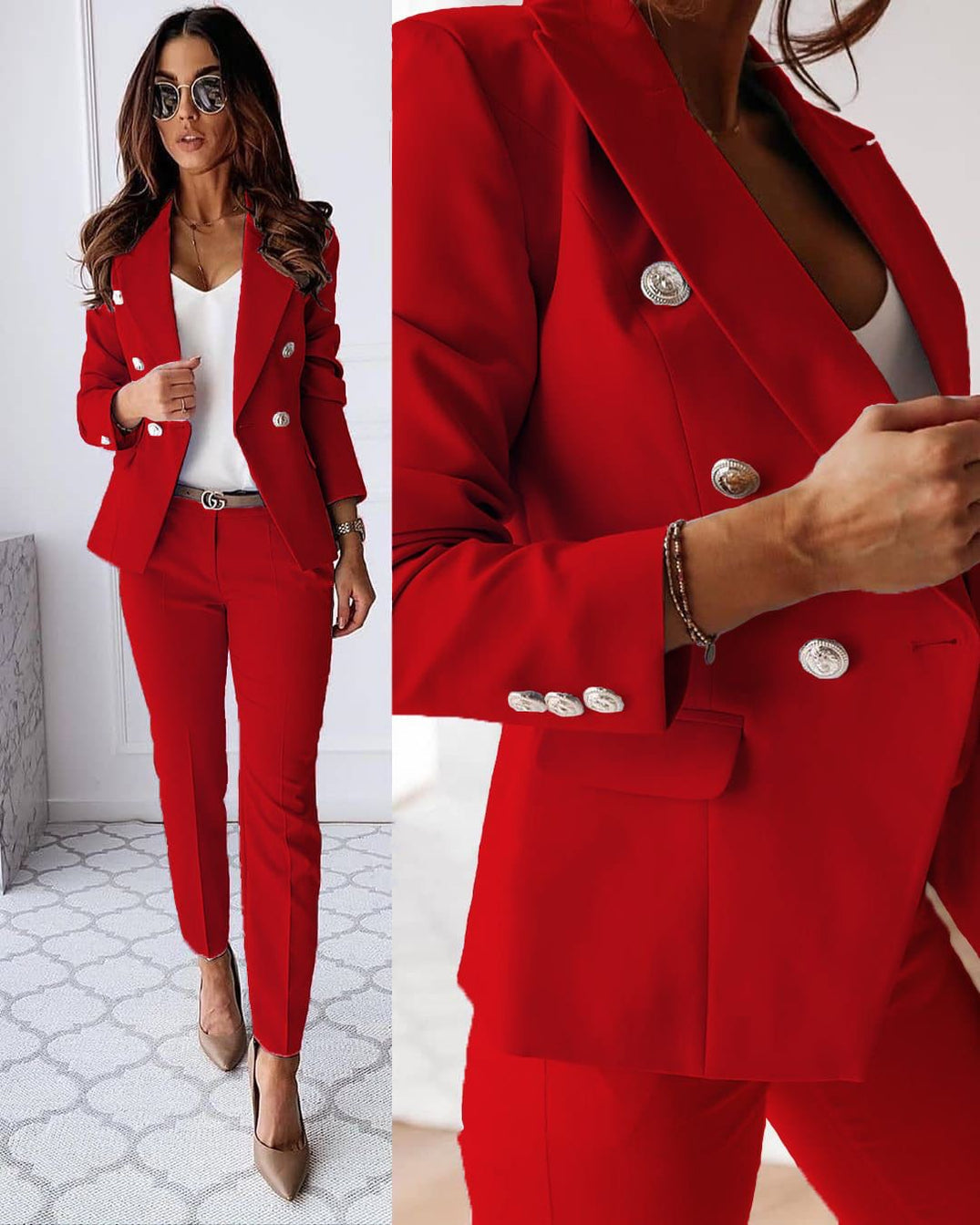 Tailleur Femme - Blazer Croisé Cintré & Pantalon Droit