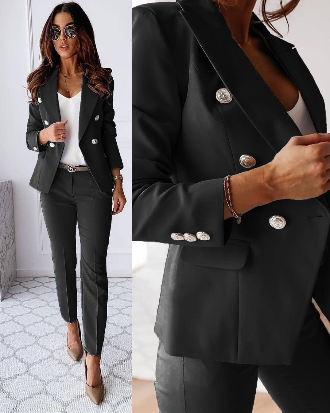 Tailleur Femme - Blazer Croisé Cintré & Pantalon Droit