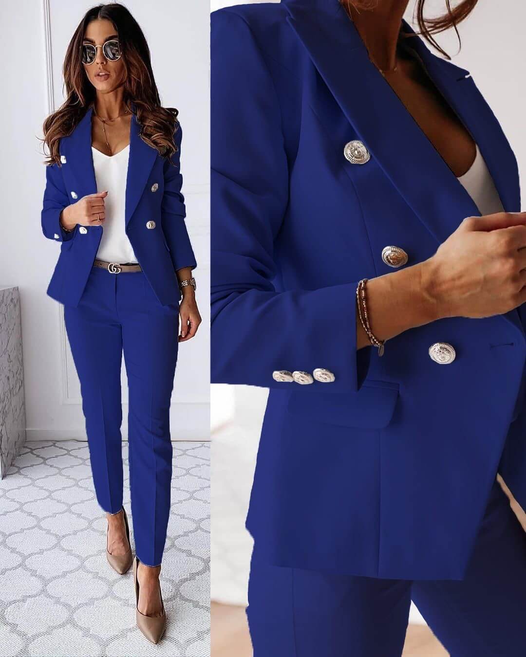 Tailleur Femme - Blazer Croisé Cintré & Pantalon Droit