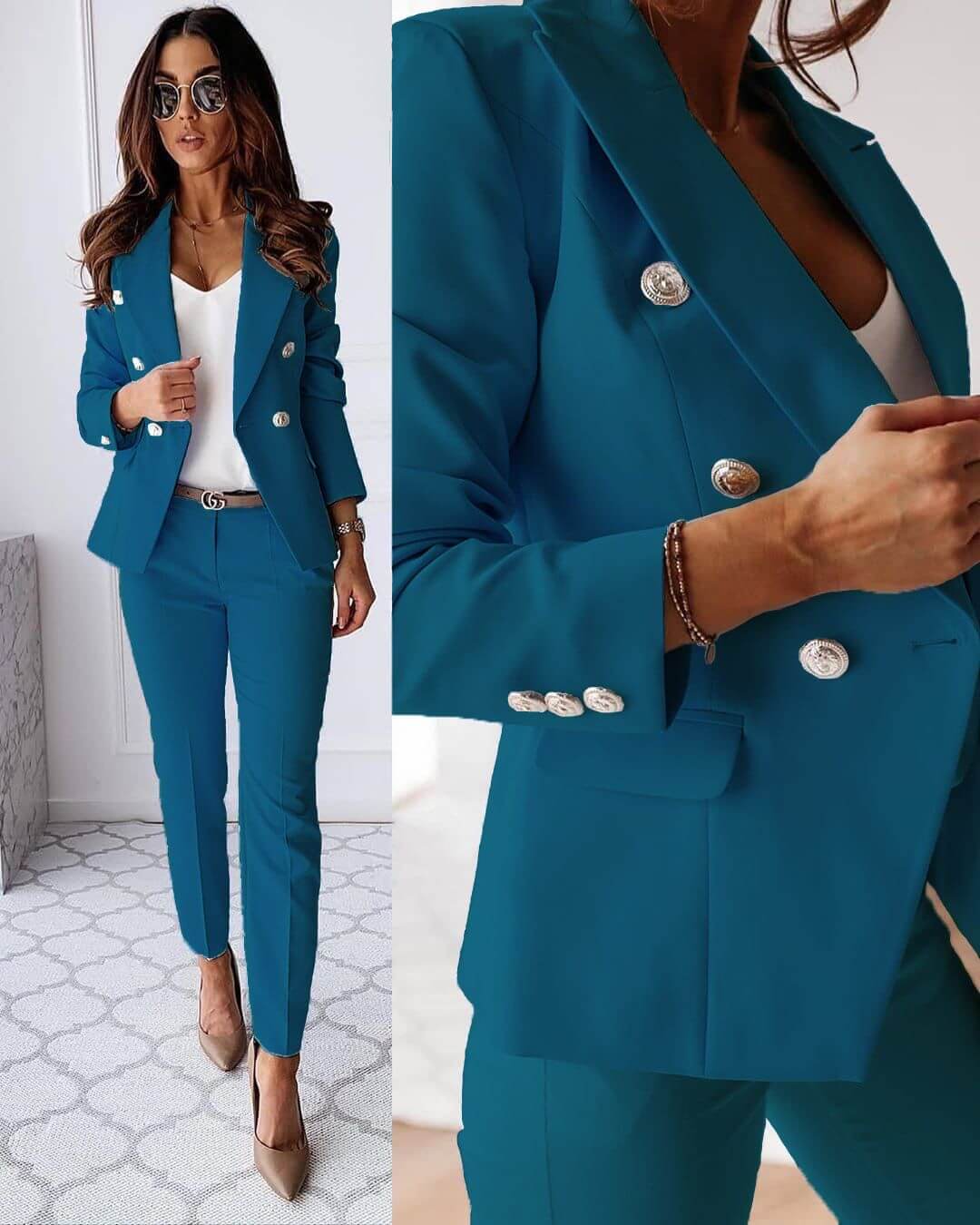 Tailleur Femme - Blazer Croisé Cintré & Pantalon Droit