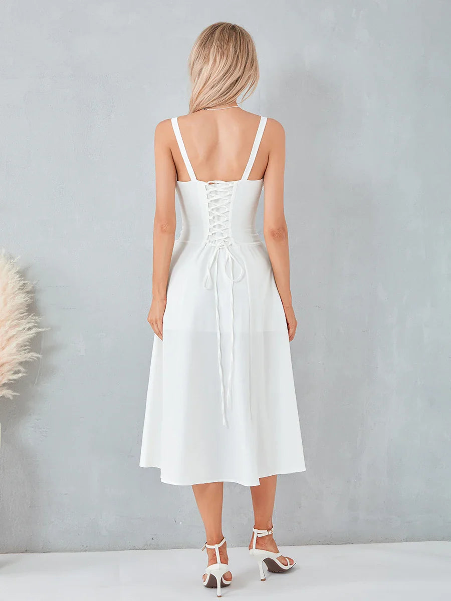 Midi Dress for Women - Fitted Corset and Flared Skirt