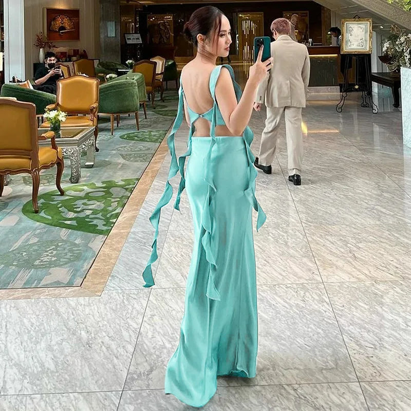Evening dress for women - Long silk - Square neckline