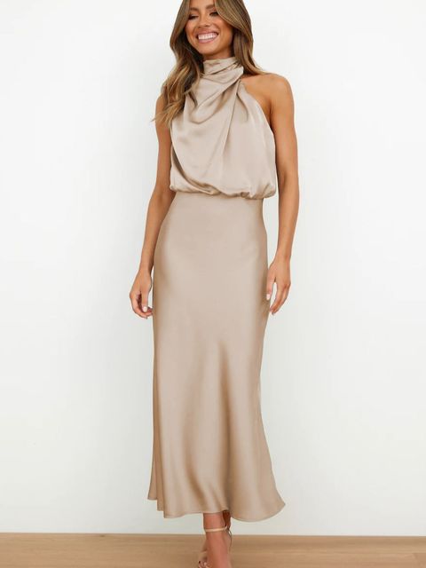 Evening Dress Women - Long Satin Halter Neckline