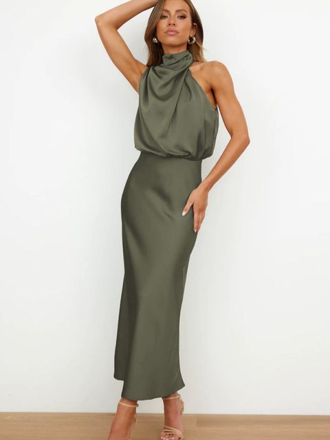 Evening Dress Women - Long Satin Halter Neckline