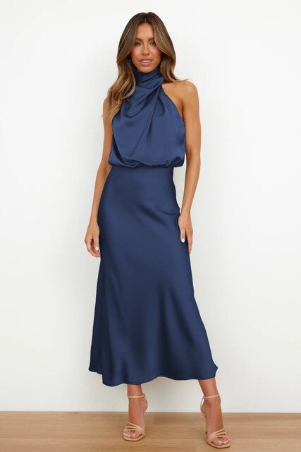 Evening Dress Women - Long Satin Halter Neckline