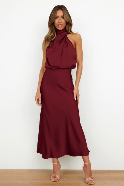 Evening Dress Women - Long Satin Halter Neckline