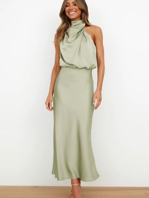 Evening Dress Women - Long Satin Halter Neckline