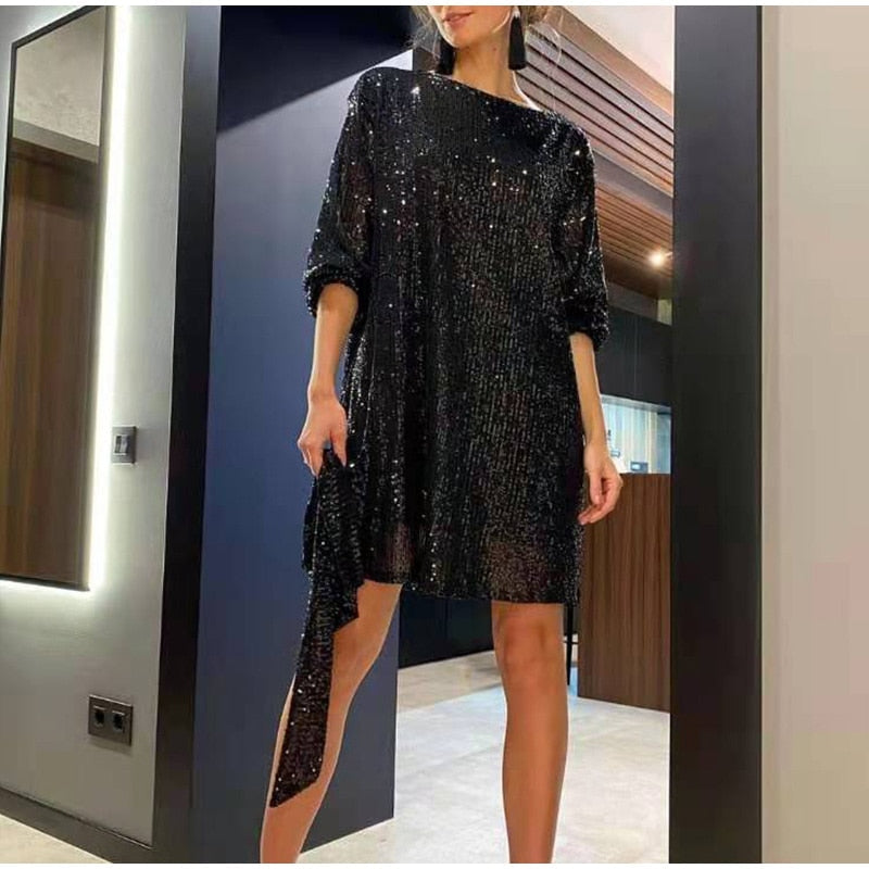 Short Dress for Women - Shiny Sequins - Long Sleeves