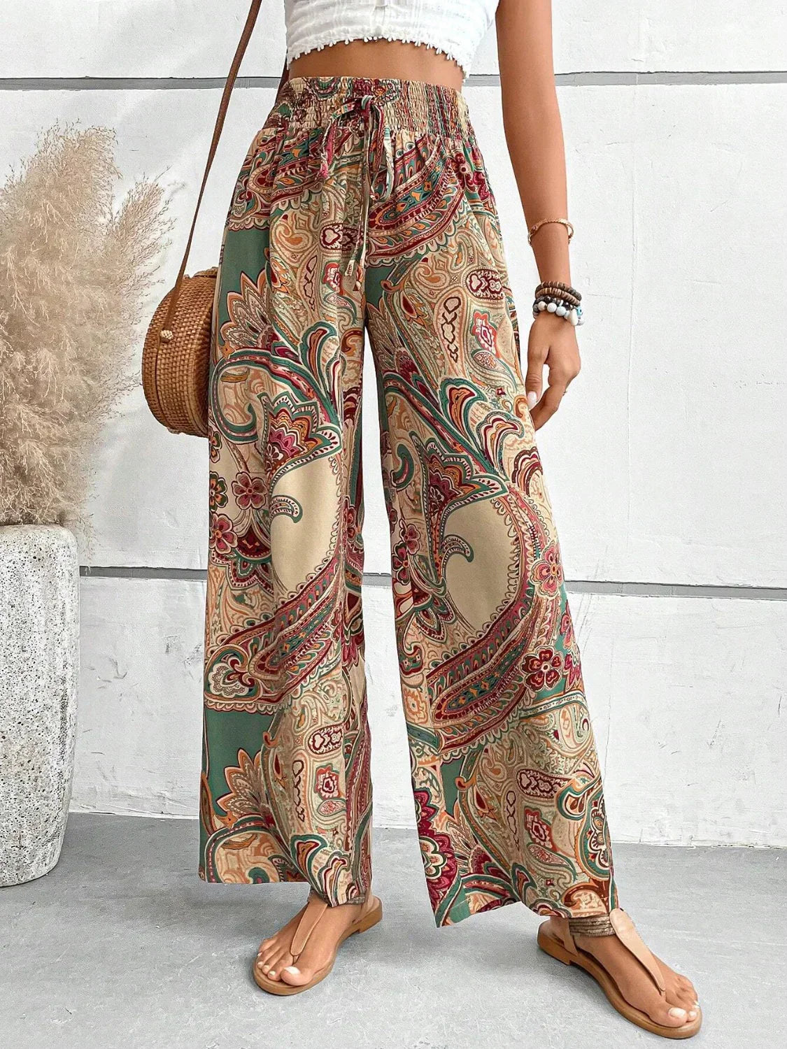 Wide-leg pants for women - High waist elastic