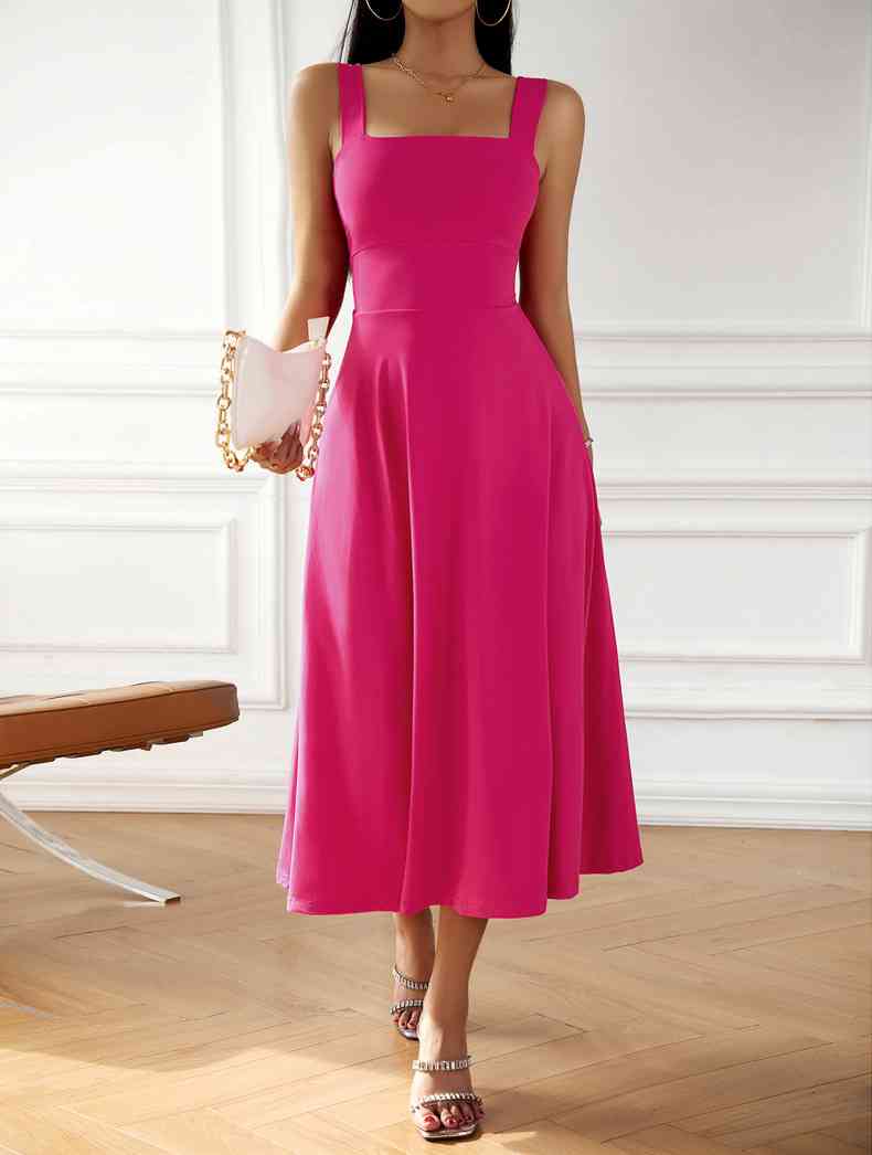 Emma Élégante Robe Midi à Encolure Carrée et Détail Nœud