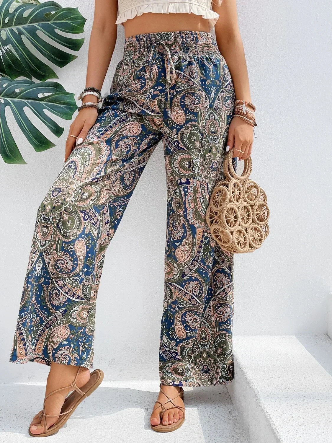 Wide-leg pants for women - High waist elastic