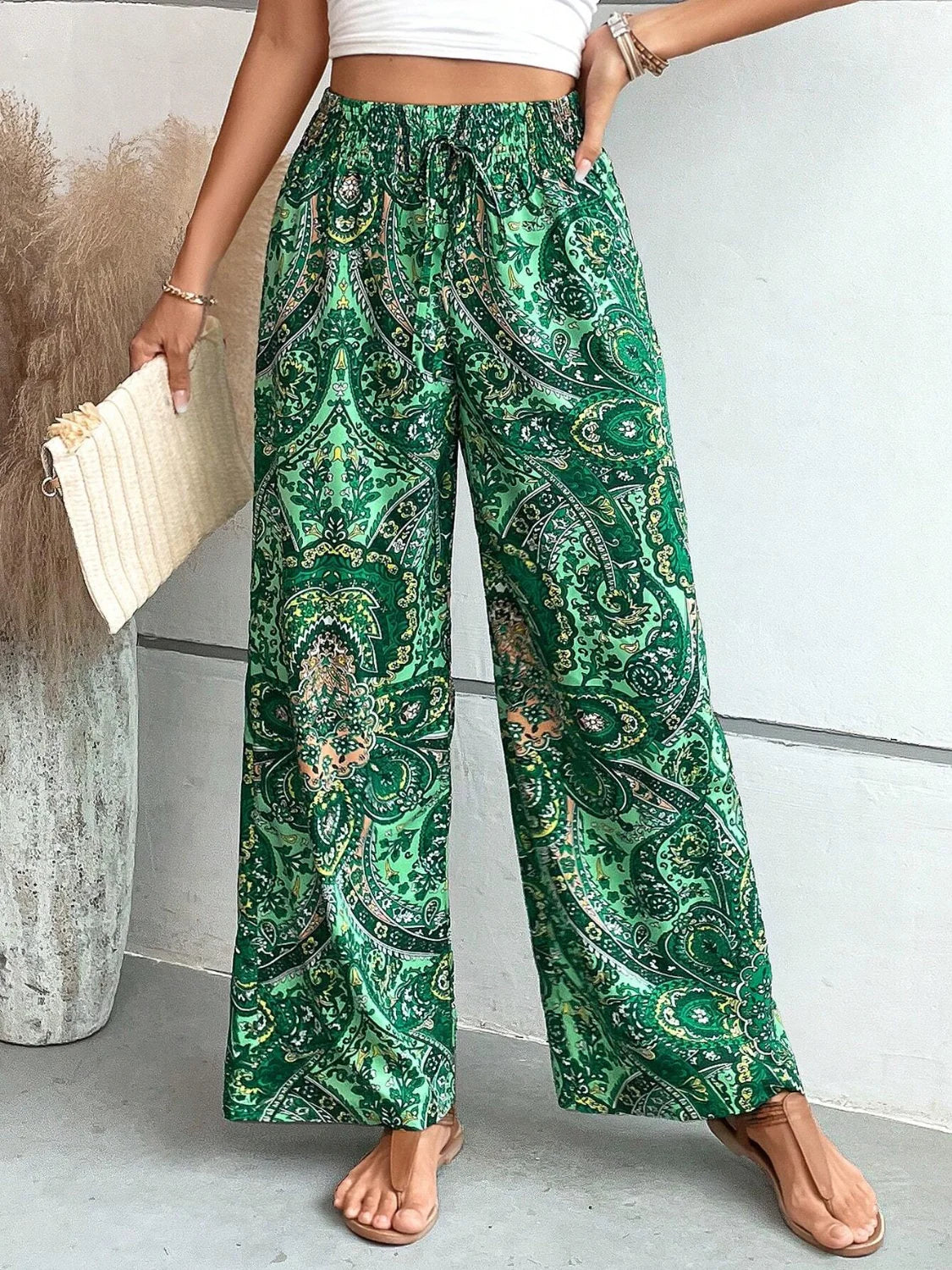 Wide-leg pants for women - High waist elastic