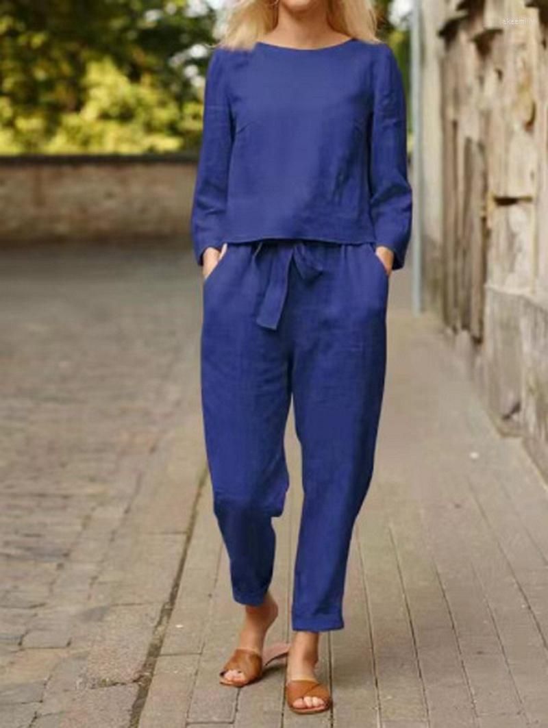 Women's Linen Set - Long Sleeve Top and Straight Pants with Belted Waist