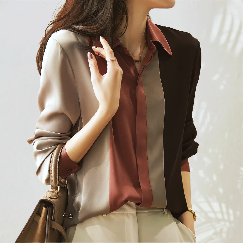 Women's Blouse - Elegant Satin Long Sleeves Classic Collar