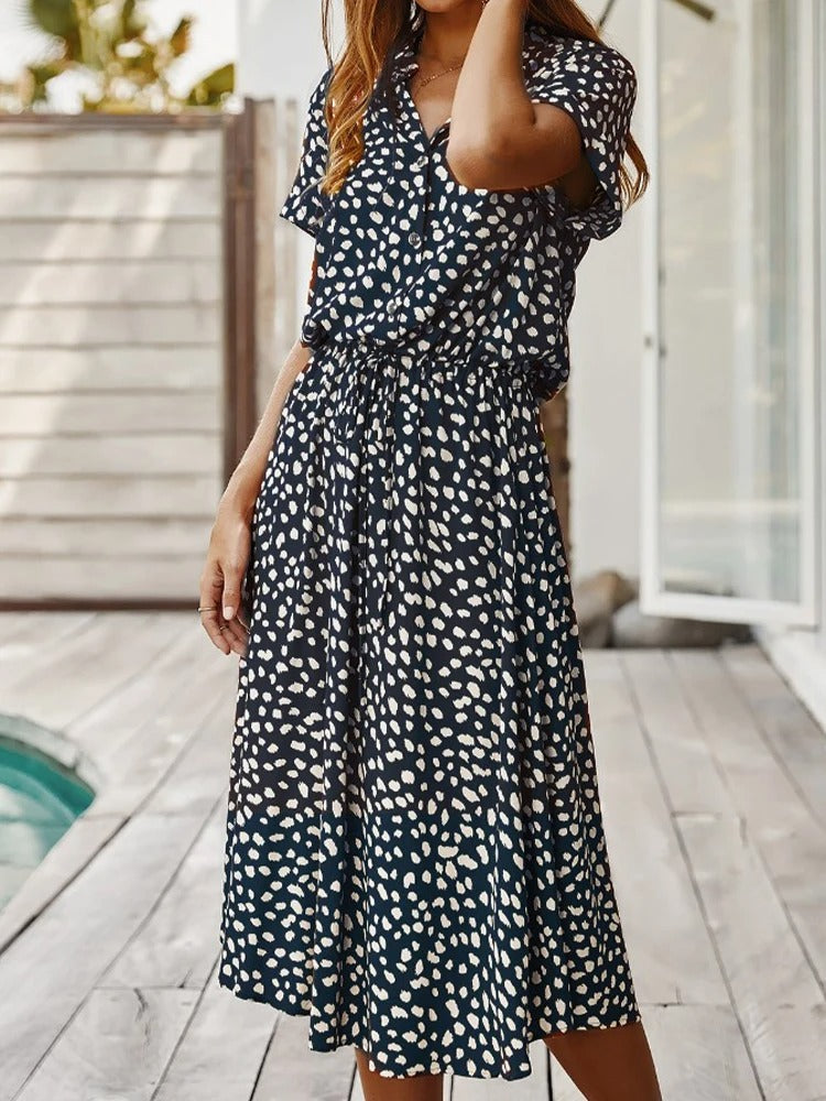 Women's Midi Dress - Buttoned - Shirt Collar - Short Sleeves