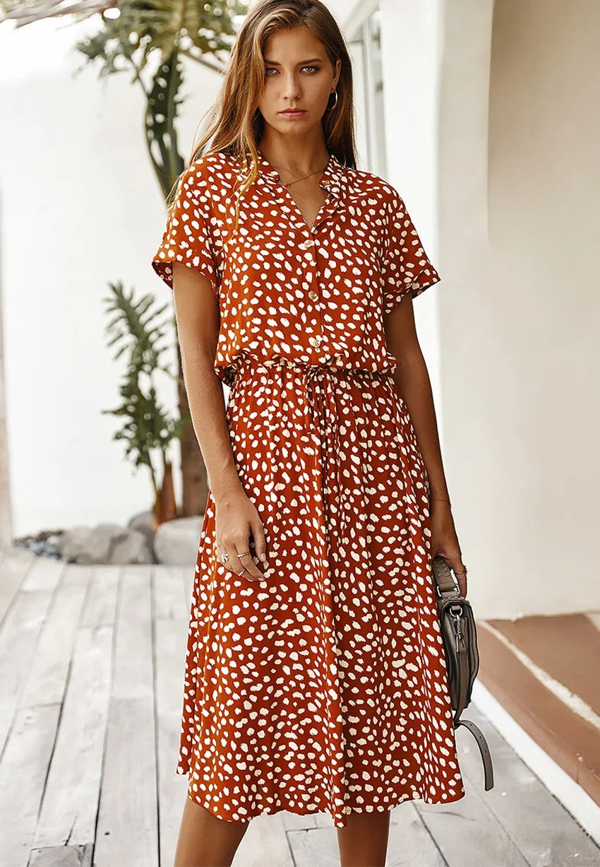 Women's Midi Dress - Buttoned - Shirt Collar - Short Sleeves