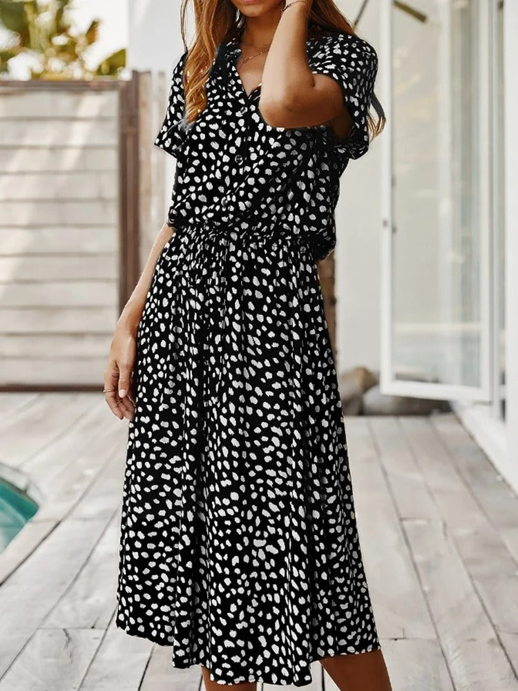 Women's Midi Dress - Buttoned - Shirt Collar - Short Sleeves