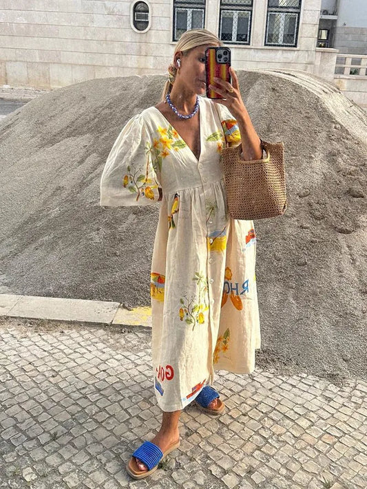 Emma – Elegante Vestito Midi in Lino Traspirante