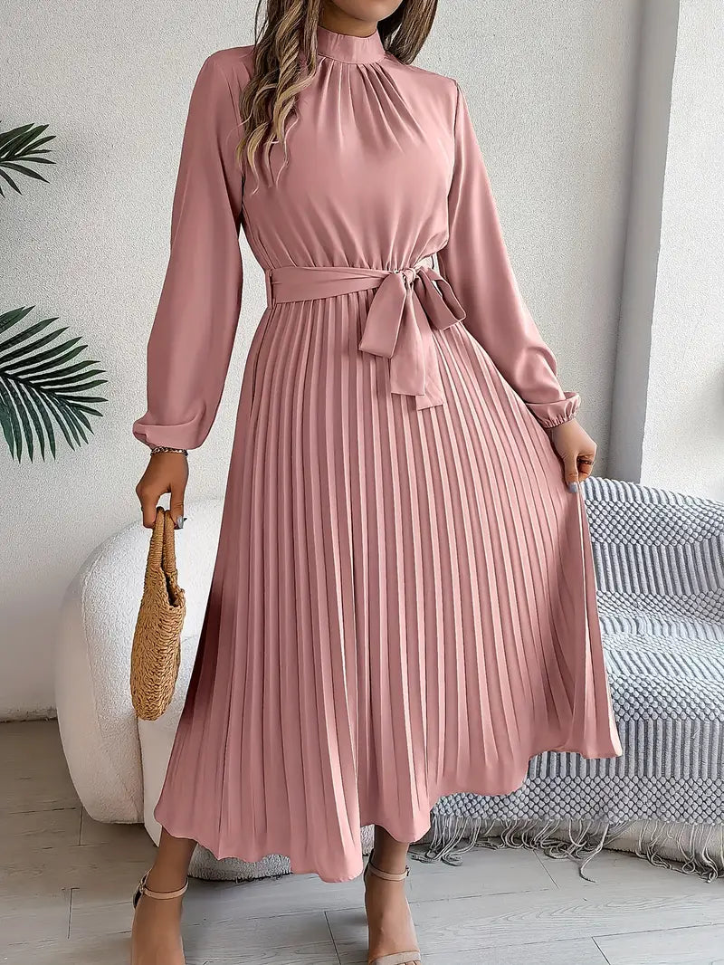 Sophie – Elegant Soft Dress with High Collar and Pleated Belt