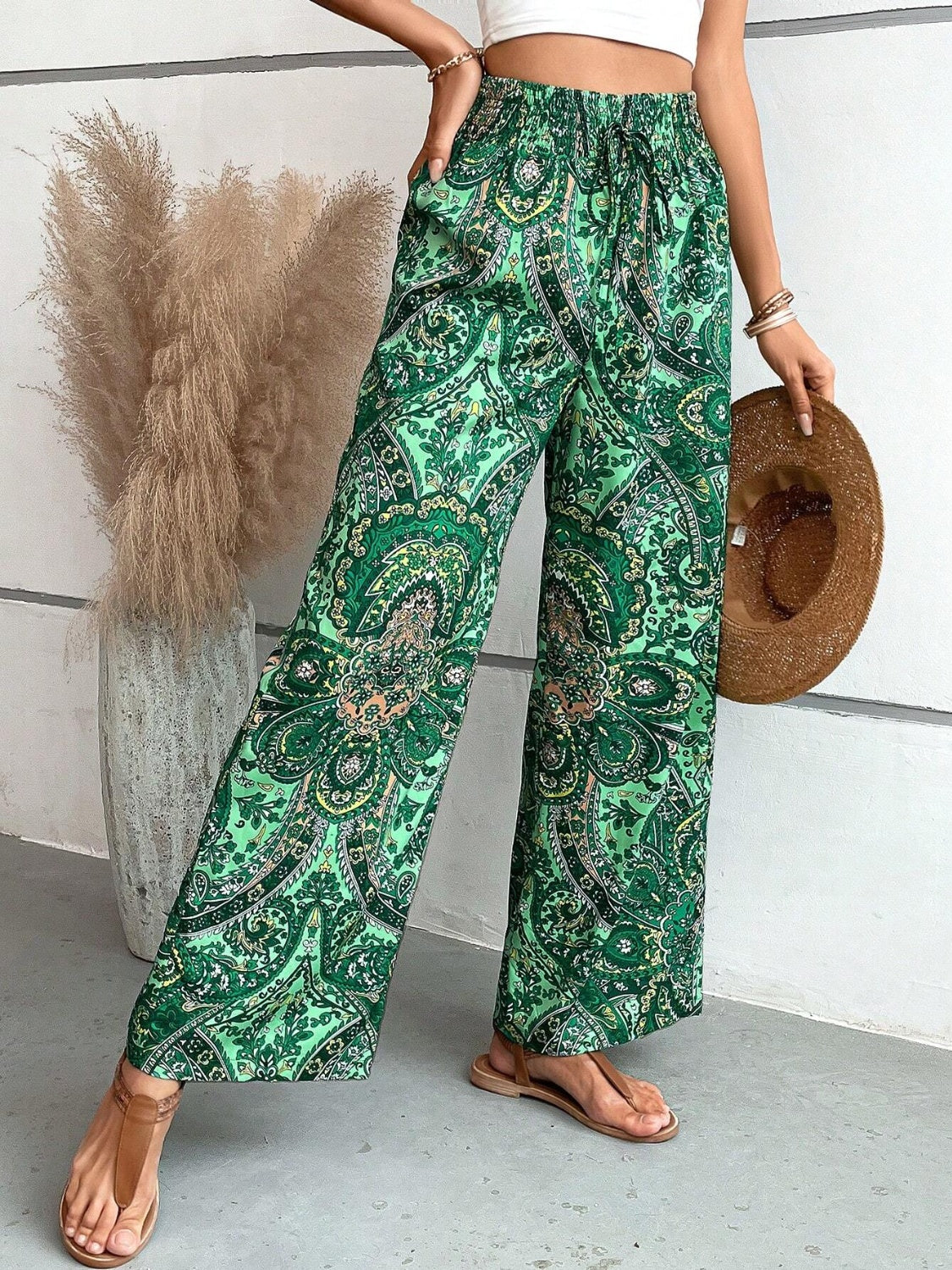 Wide-leg pants for women - High waist elastic