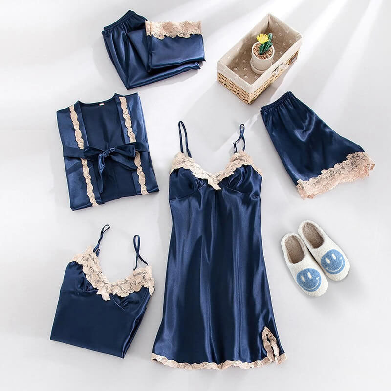 Sophie Elegant Satin Set – 5-Piece Pajama with Lace Details