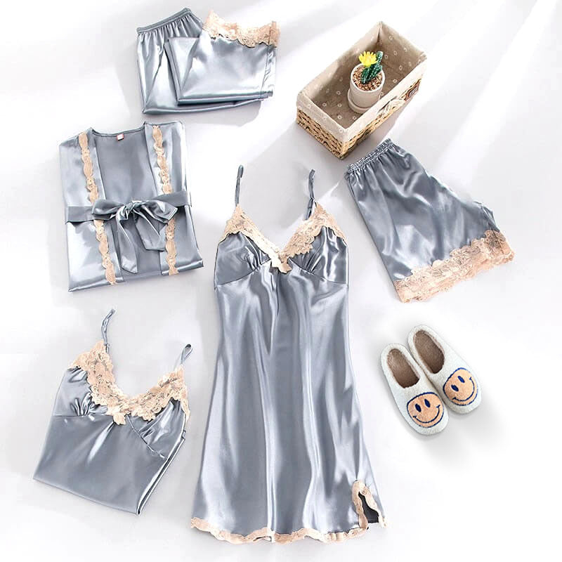 Sophie Elegant Satin Set – 5-Piece Pajama with Lace Details