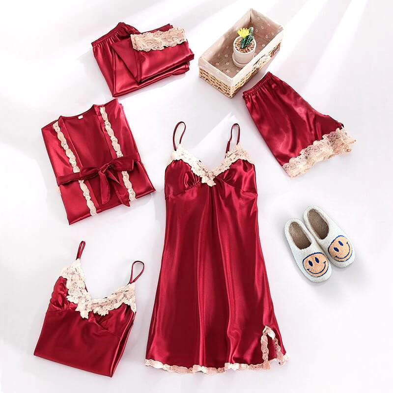 Sophie Elegant Satin Set – 5-Piece Pajama with Lace Details