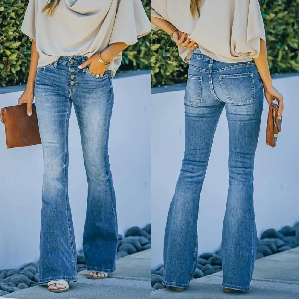 Flared jeans for women - High waist Front buttoning