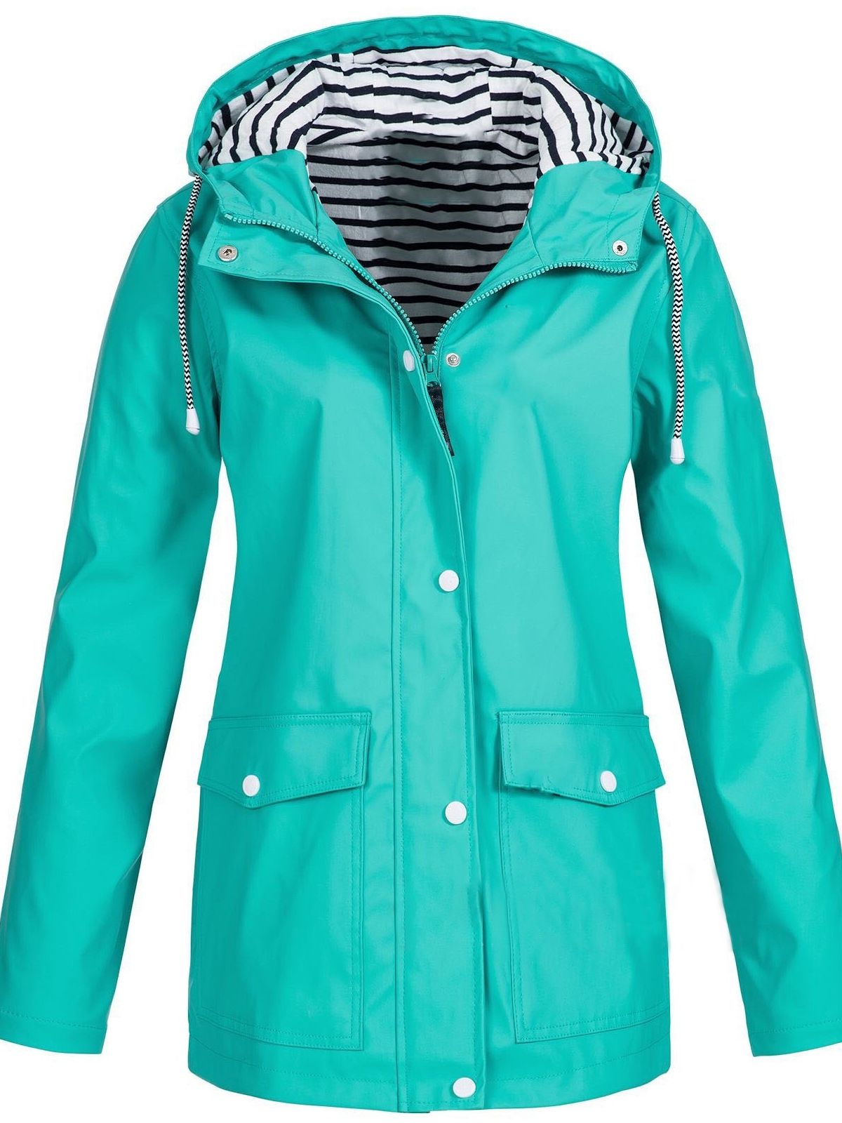 Clara – Elegant waterproof hooded jacket with zipper and snap buttons closure