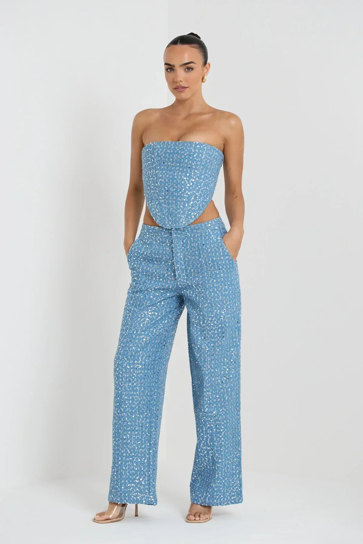 Women's Two-Piece Set - High-Waisted Flared Pants