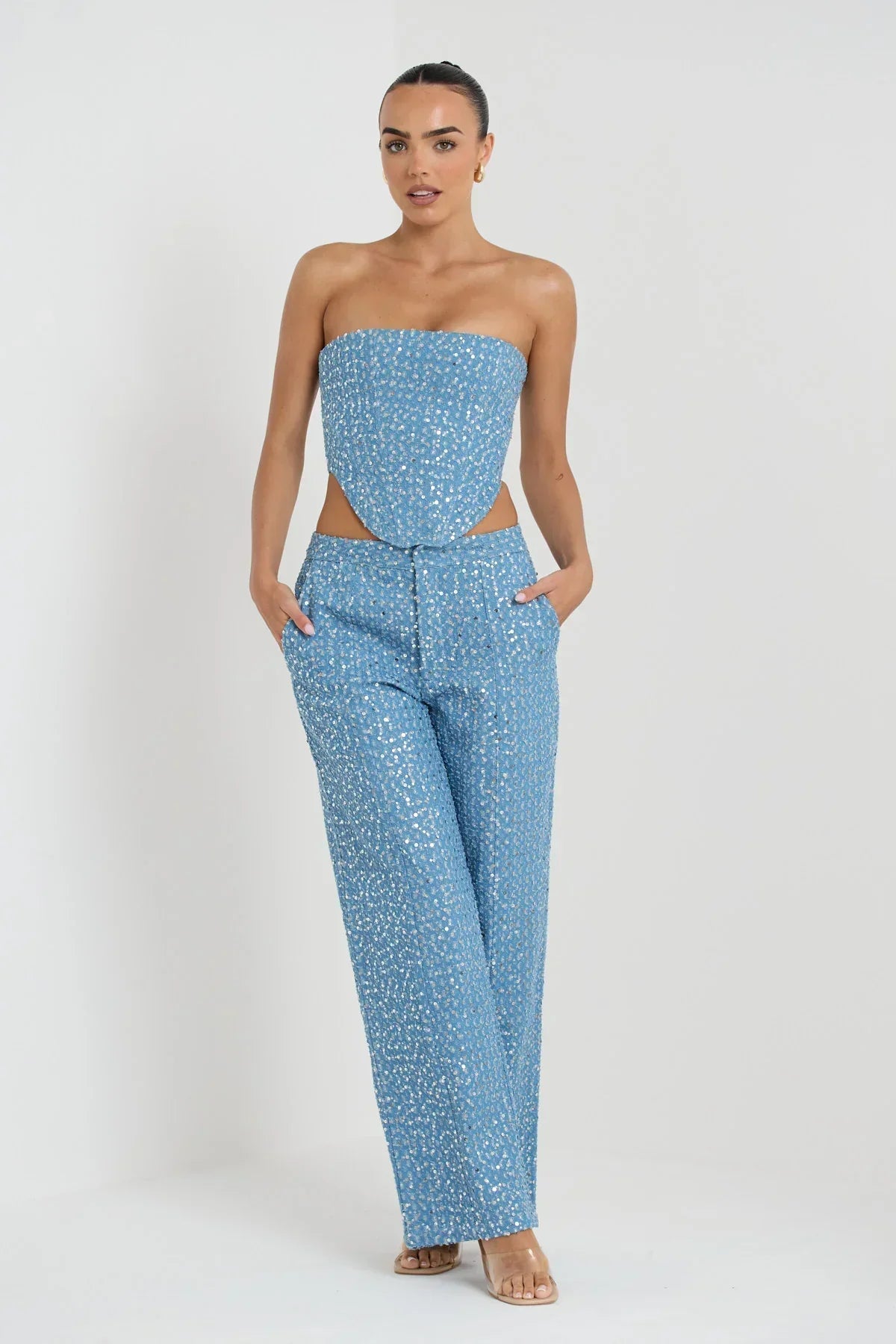 Women's Two-Piece Set - High-Waisted Flared Pants