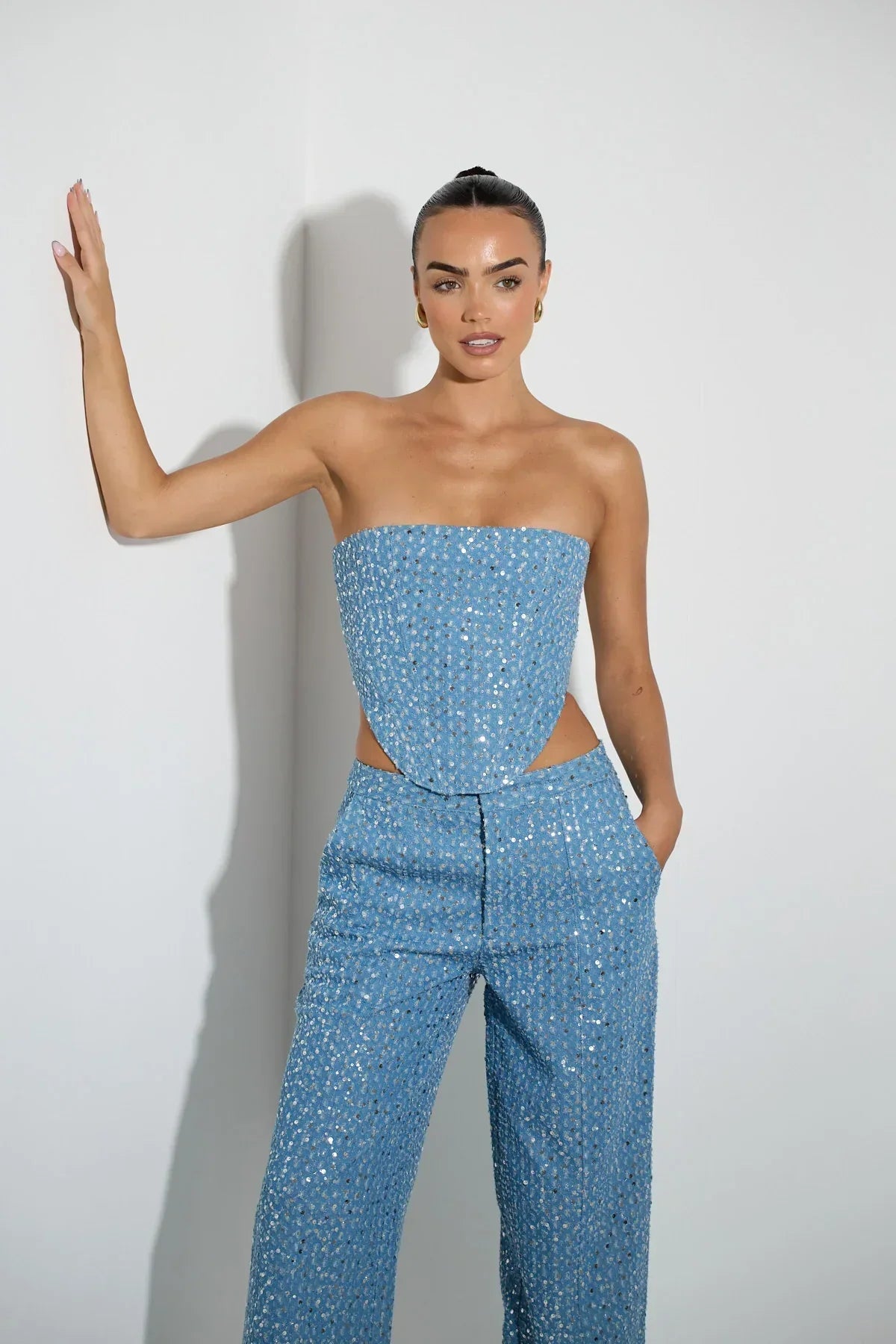 Women's Two-Piece Set - High-Waisted Flared Pants