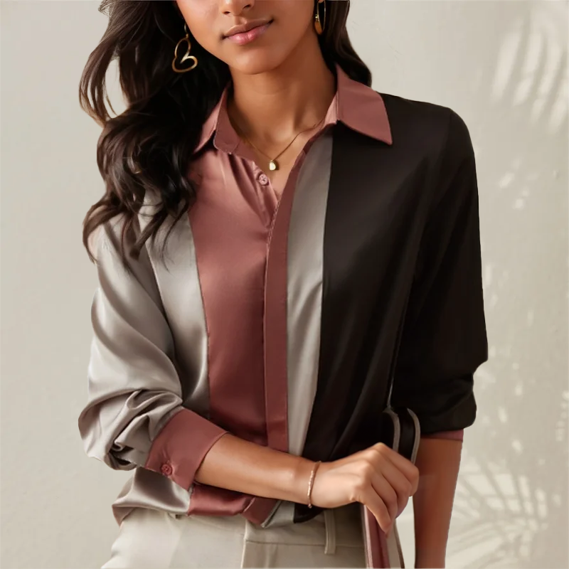 Women's Blouse - Elegant Satin Long Sleeves Classic Collar