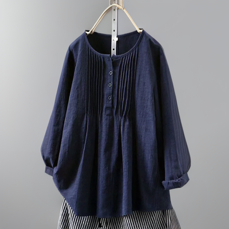 Women's Blouse - Long Sleeves Round Neck Buttoned