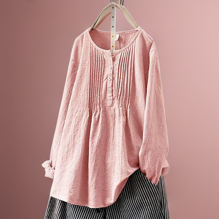 Women's Blouse - Long Sleeves Round Neck Buttoned