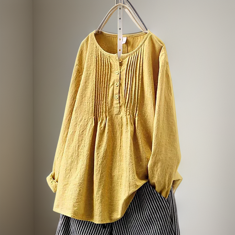 Women's Blouse - Long Sleeves Round Neck Buttoned