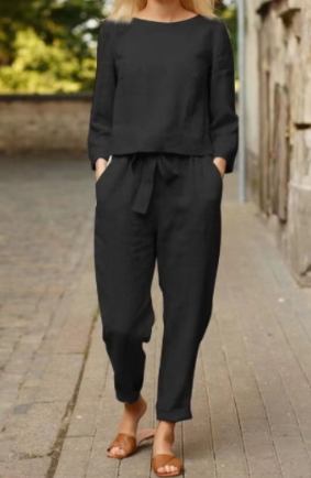 Women's Linen Set - Long Sleeve Top and Straight Pants with Belted Waist